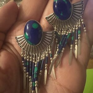 Native American Sterling silver azurite clip  feather & fan clip on  earrings